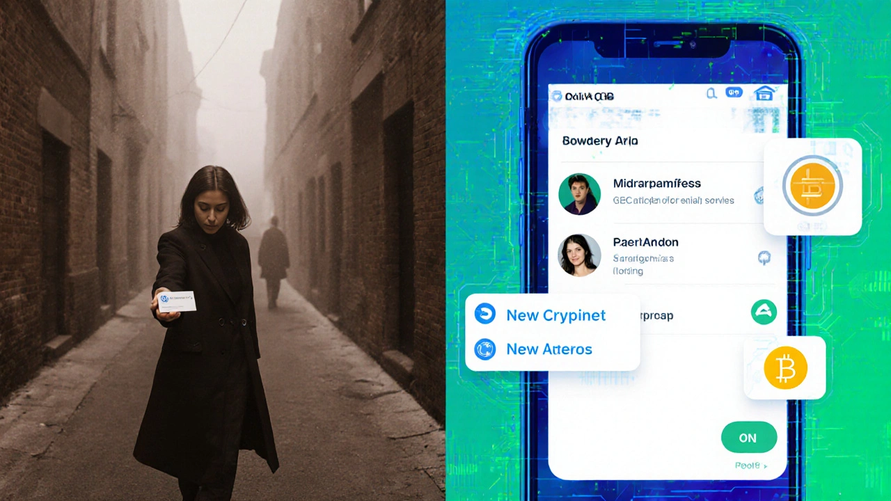 Split-screen comparison: 1990s street card handoff vs. modern app interface with safety features.