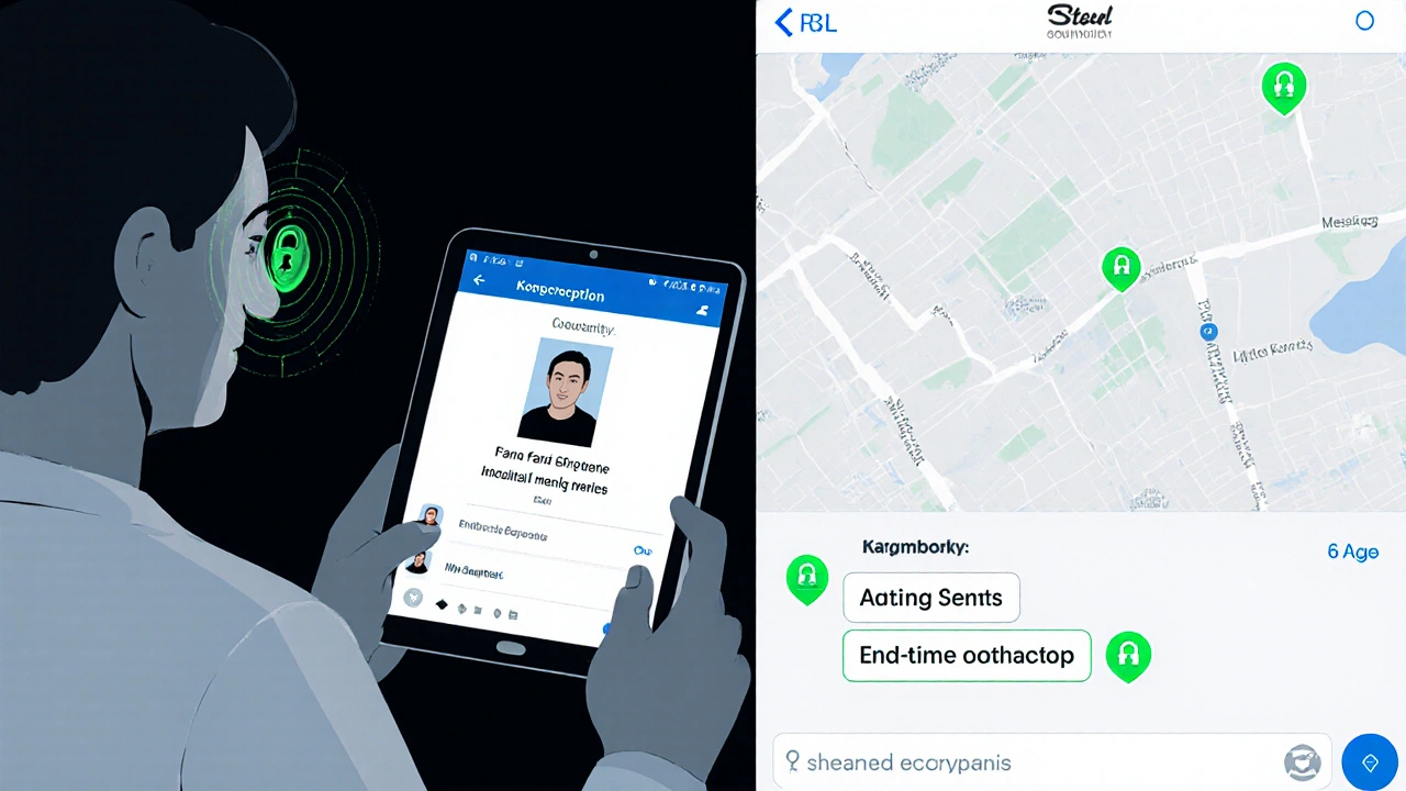 Split screen of facial verification and encrypted messaging with location sharing icons.
