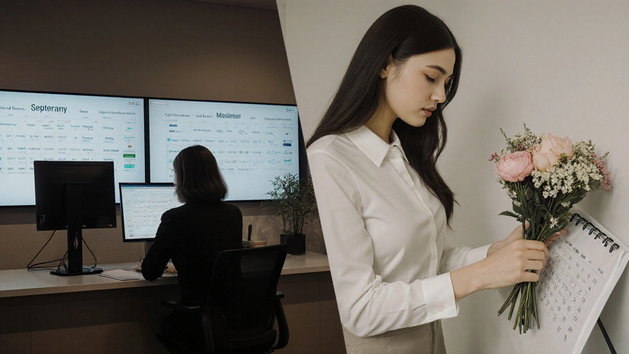 Split view of a professional agency office and an independent escort preparing in her apartment, showing two paths to booking.