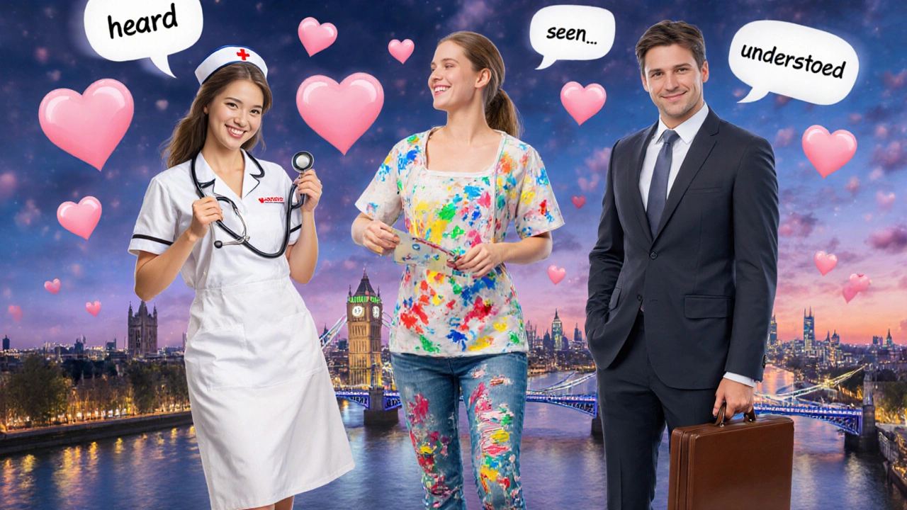 Three diverse BBW companions symbolizing emotional connection in a dreamlike London skyline.