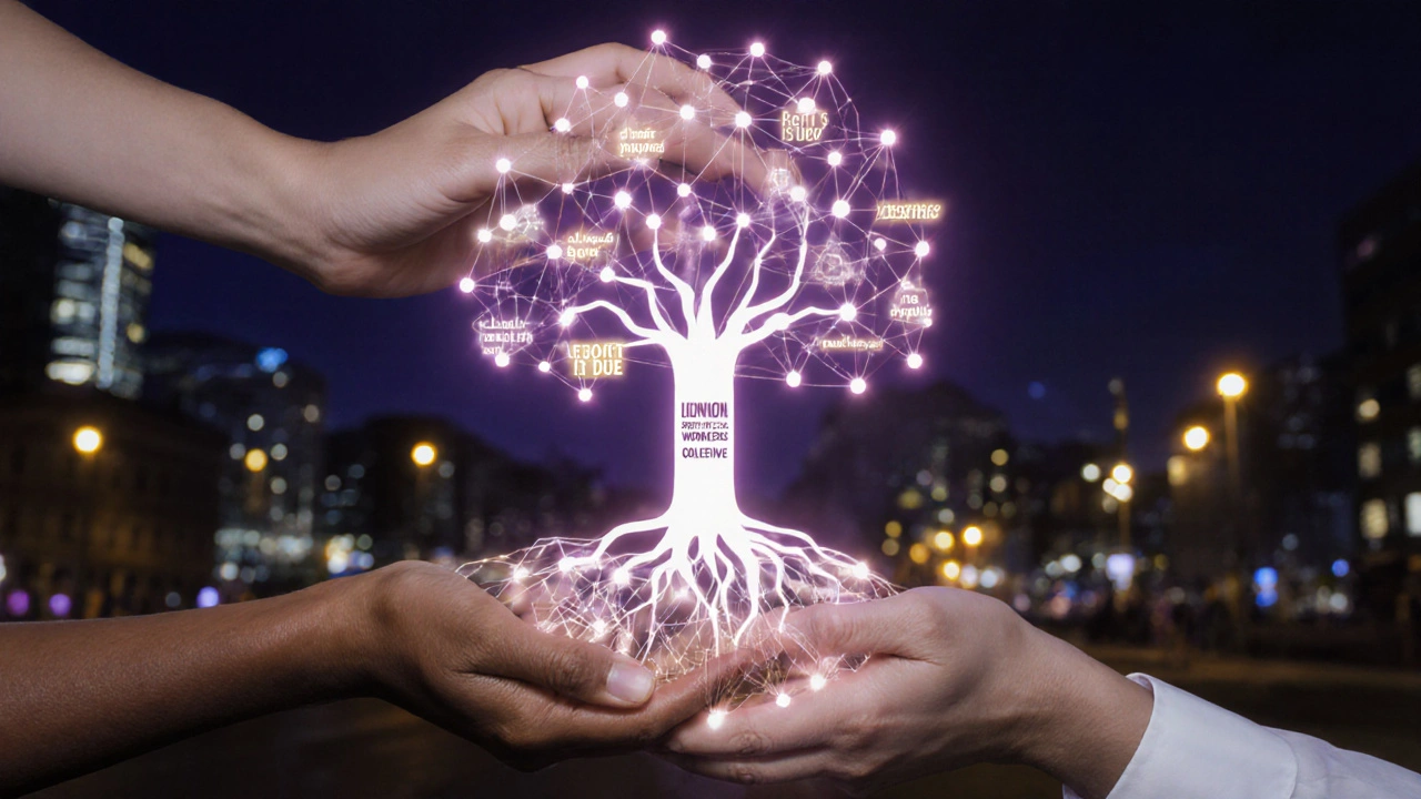 Three hands holding a glowing tree-like network labeled with sex worker support groups in a night cityscape.
