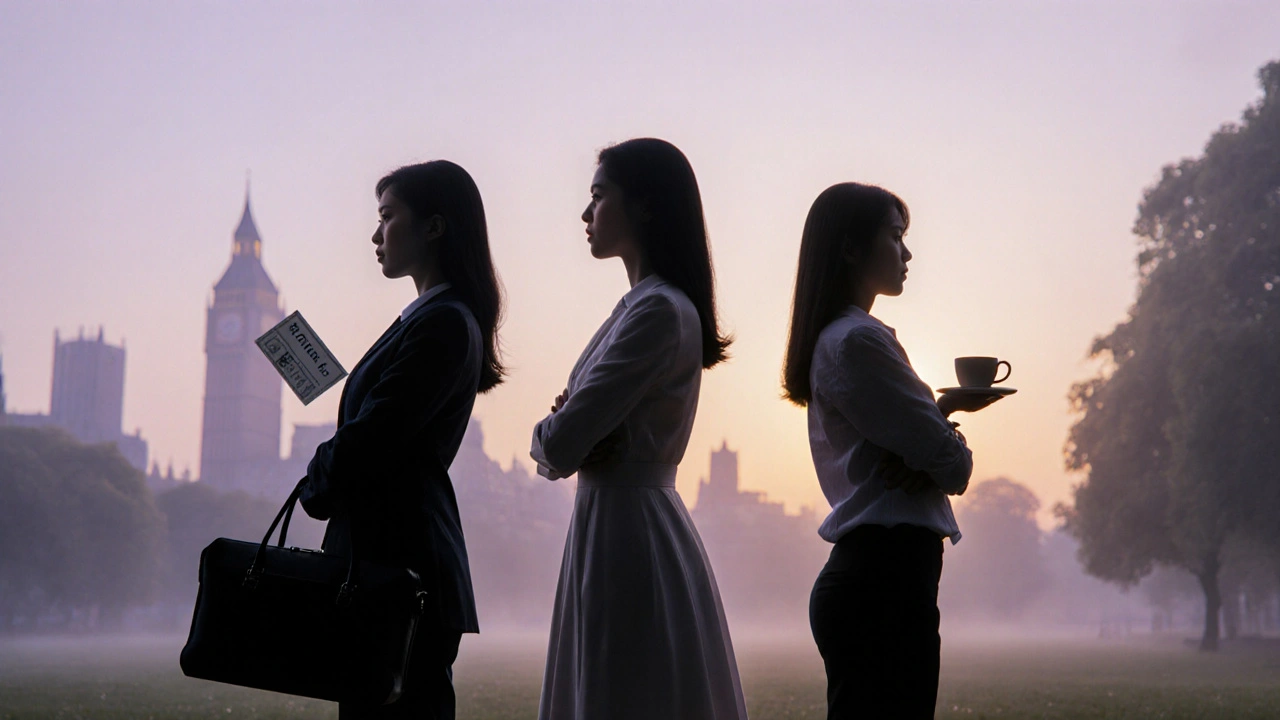 Three professional women stand together in Hyde Park at sunrise, each surrounded by symbols of their different roles.