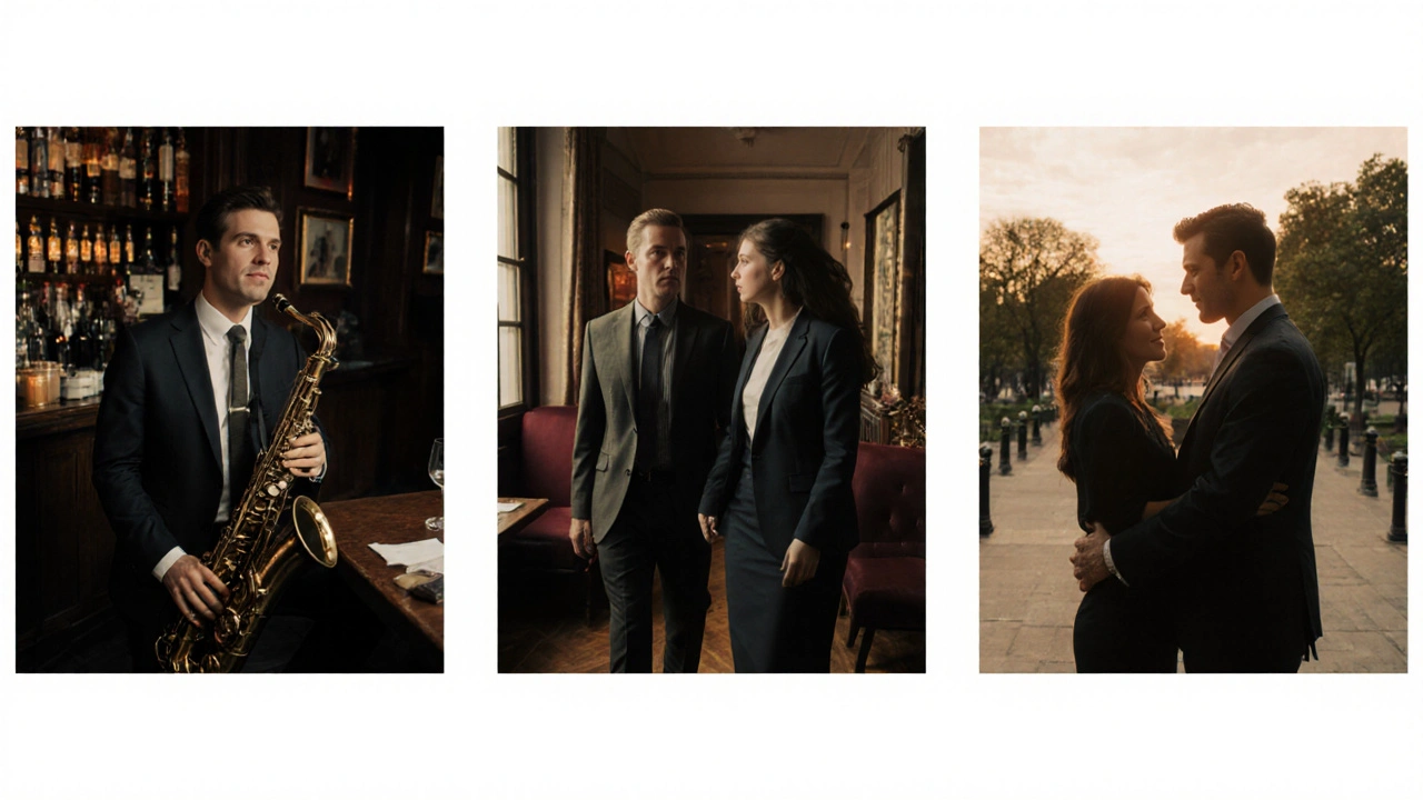 Three professionals meeting escorts in different London settings: a jazz bar, a park, and a museum, emphasizing emotional connection.