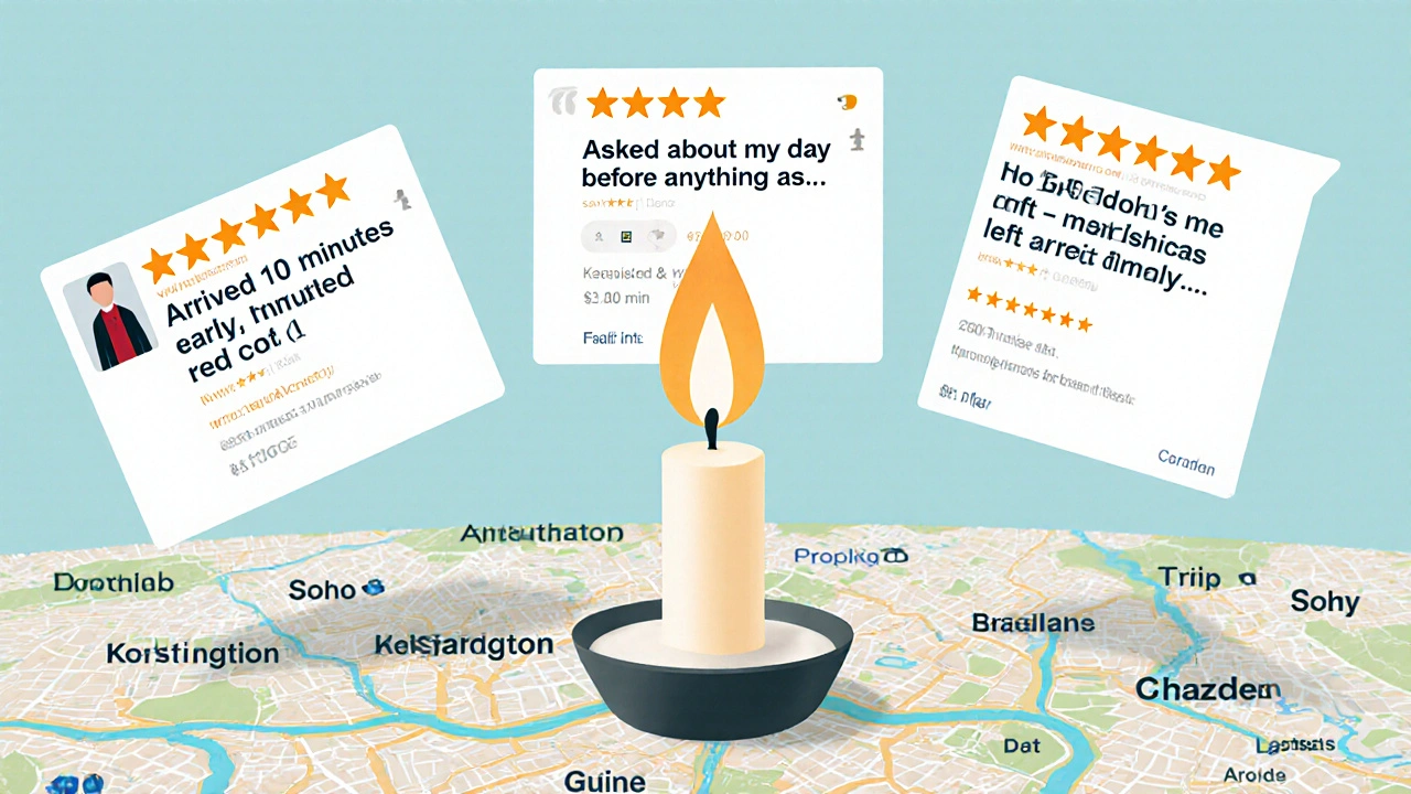 Three review cards floating above a London map, each showing specific client experiences, with a single candle in the center.