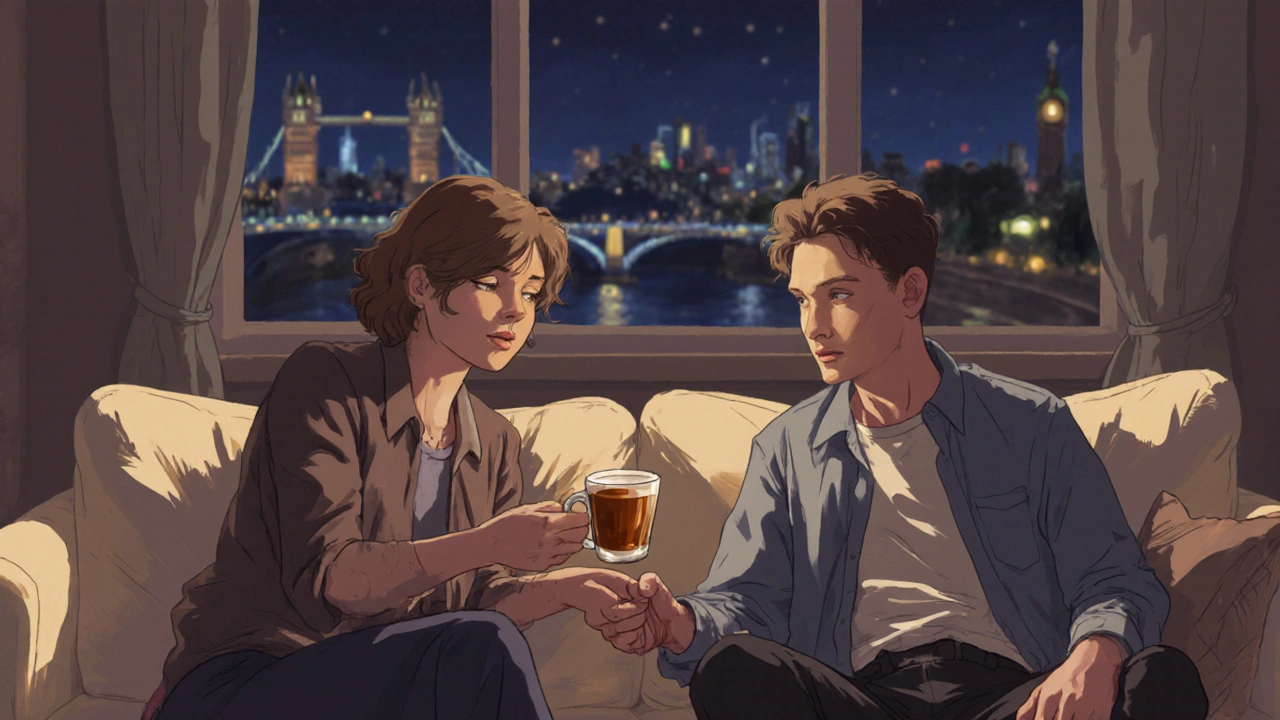 Two adults sharing tea after a night together, calm and sincere in a London apartment.