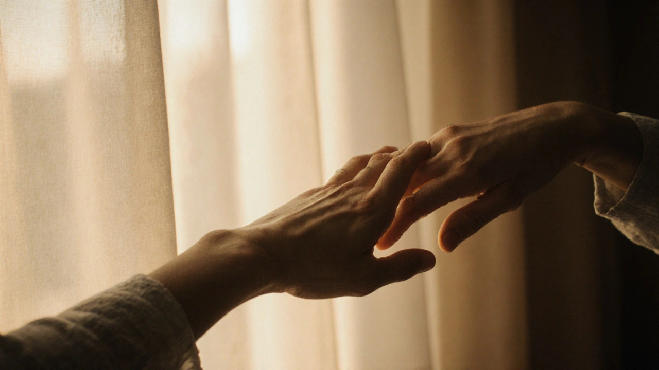 Two hands gently touching in slow motion, warm light highlighting skin, conveying trust and tenderness.