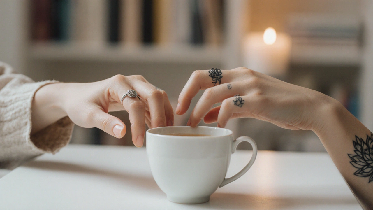 Two hands gently touching over a cup of tea in a softly lit, book-filled room.