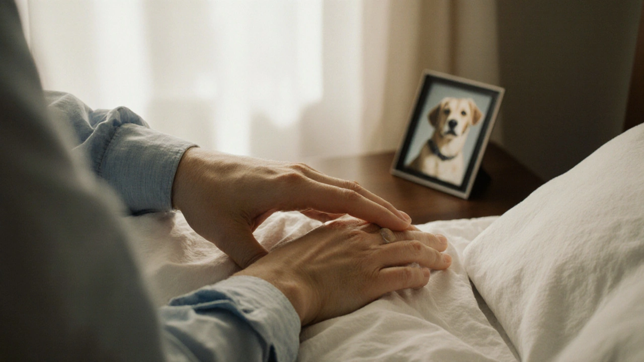 Two hands gently touching, sunlight streaming through a bedroom window, a photo of a dog on the nightstand.