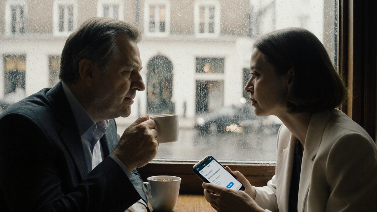 Two people enjoy coffee in a London café, talking calmly as rain falls outside the window.