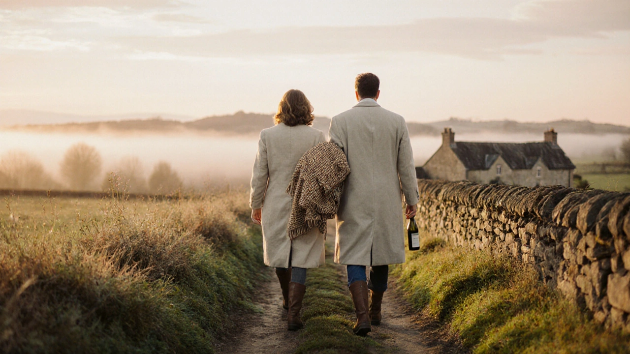 Two people walking peacefully along a countryside path in the Cotswolds at sunrise.