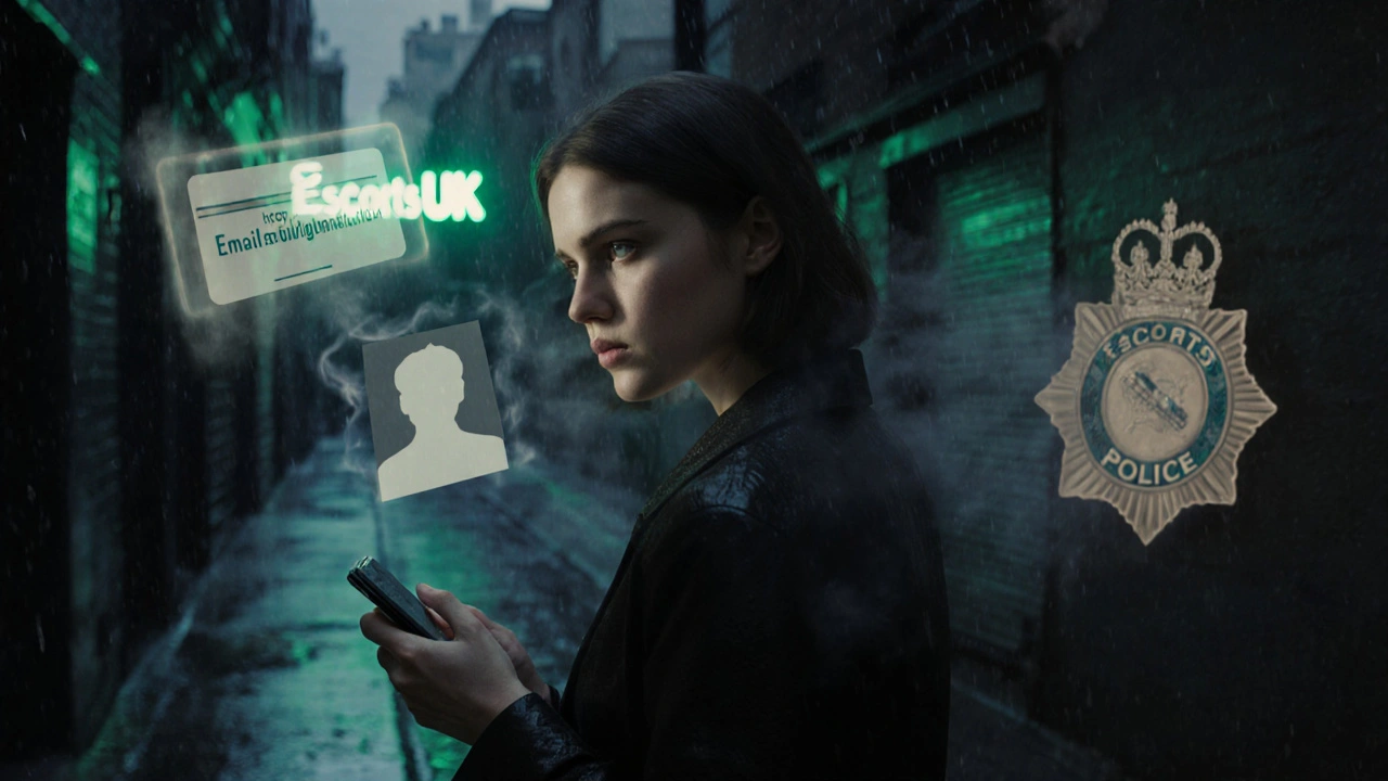 Woman in rainy alley with ghostly personal data fading away, distant safe site sign visible.