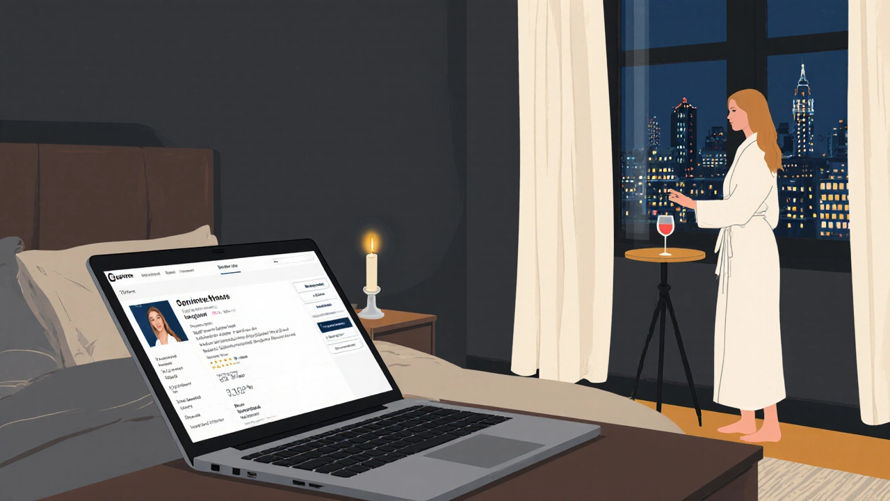 Woman standing by a window in a modest London apartment, candle and wine glass on desk, city lights outside.