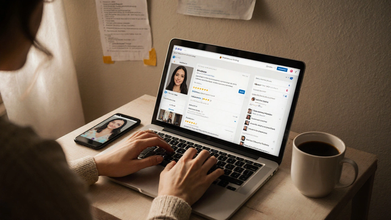 Woman typing on a laptop with verified escort platform reviews visible, coffee mug and service list nearby.