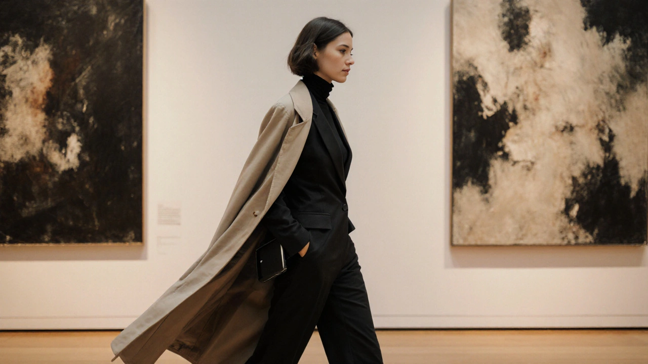 Woman walking through an art gallery in a tailored pantsuit, trench coat flowing behind.