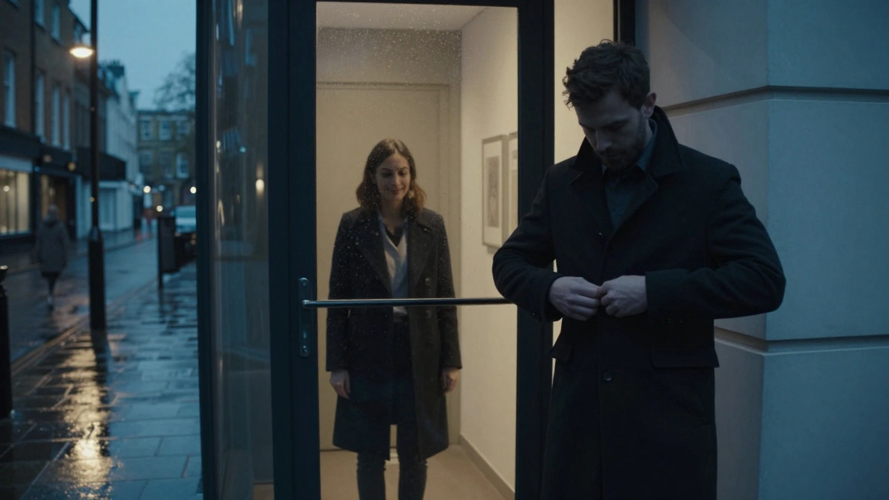 A client leaving an escort appointment at dusk, looking calm and reflective in a quiet London street.