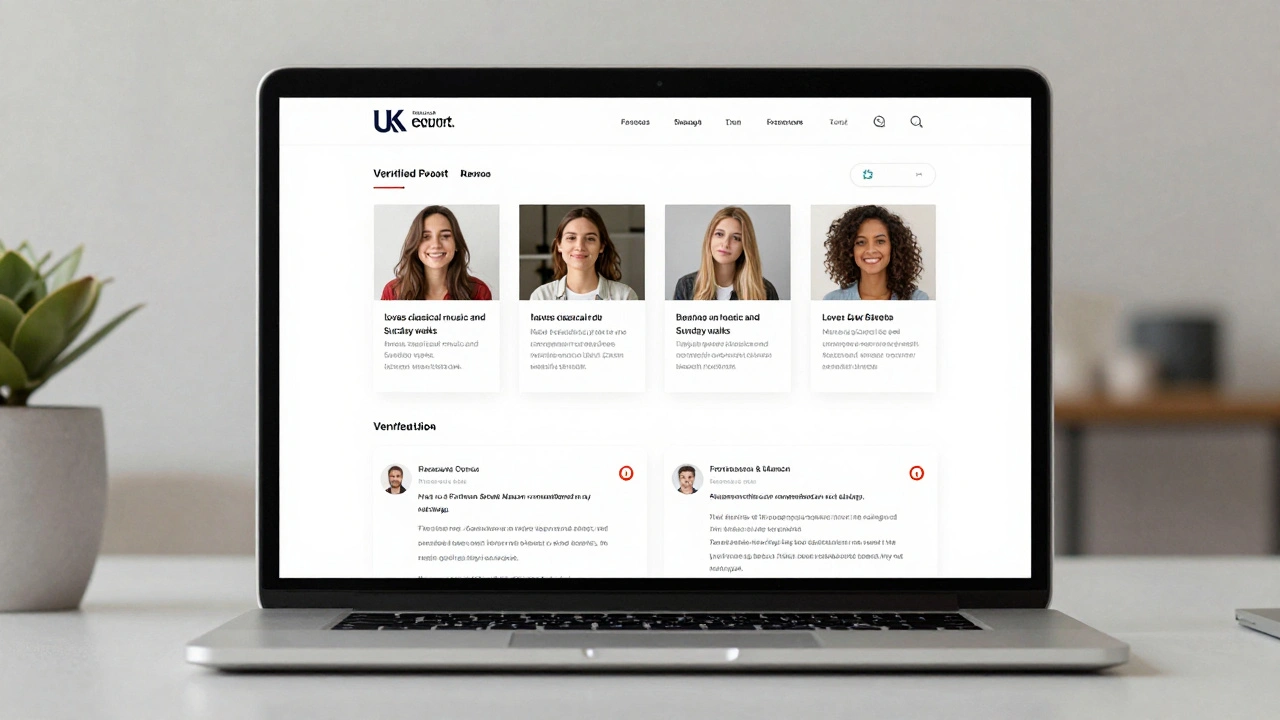 A computer screen displaying verified escort profiles with detailed bios and client reviews in a clean website interface.
