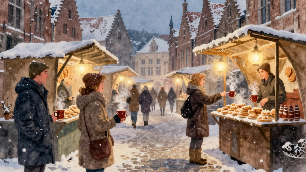 A couple at a snowy Bruges winter market, holding mugs of mulled wine under glowing lanterns.