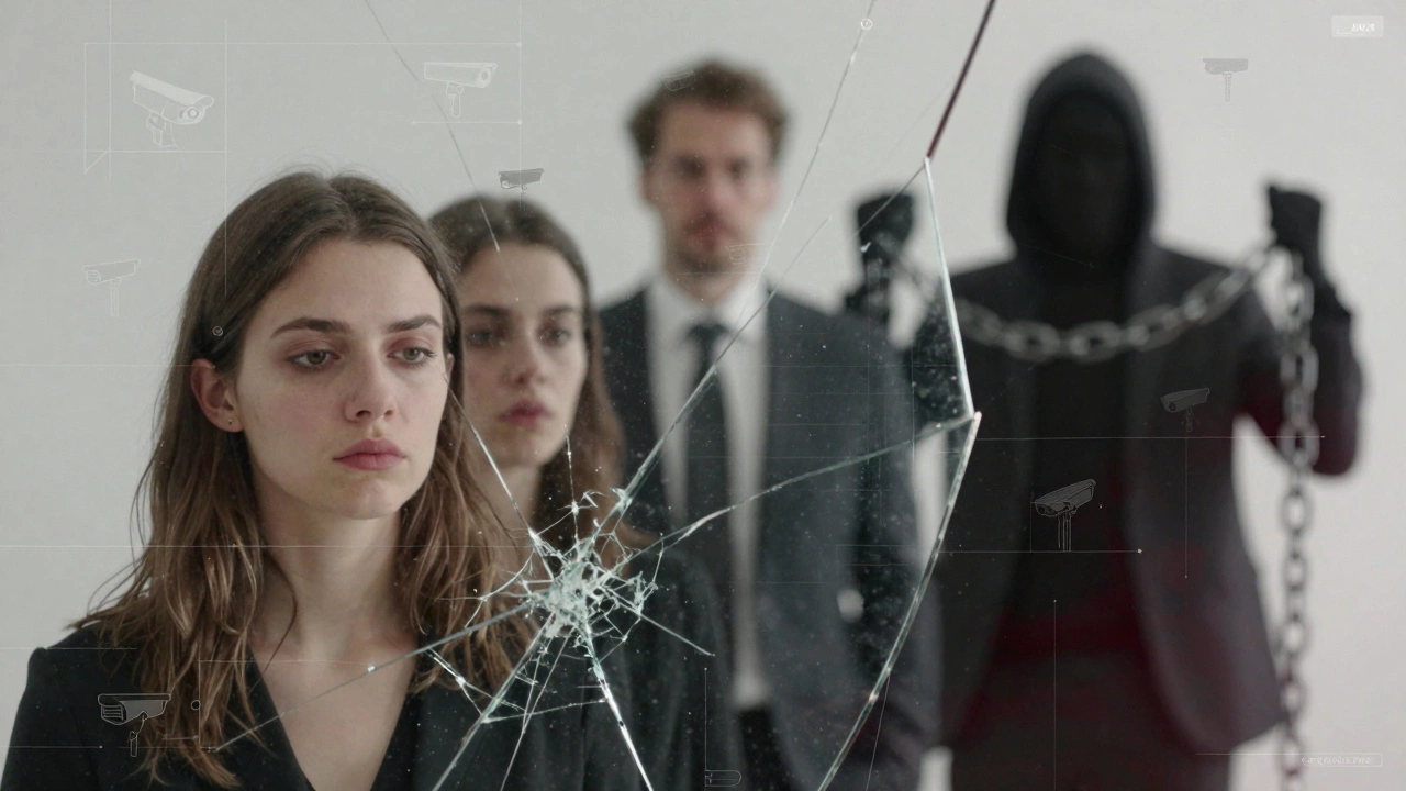 A fractured mirror reflects exploited individuals and digital surveillance symbols.