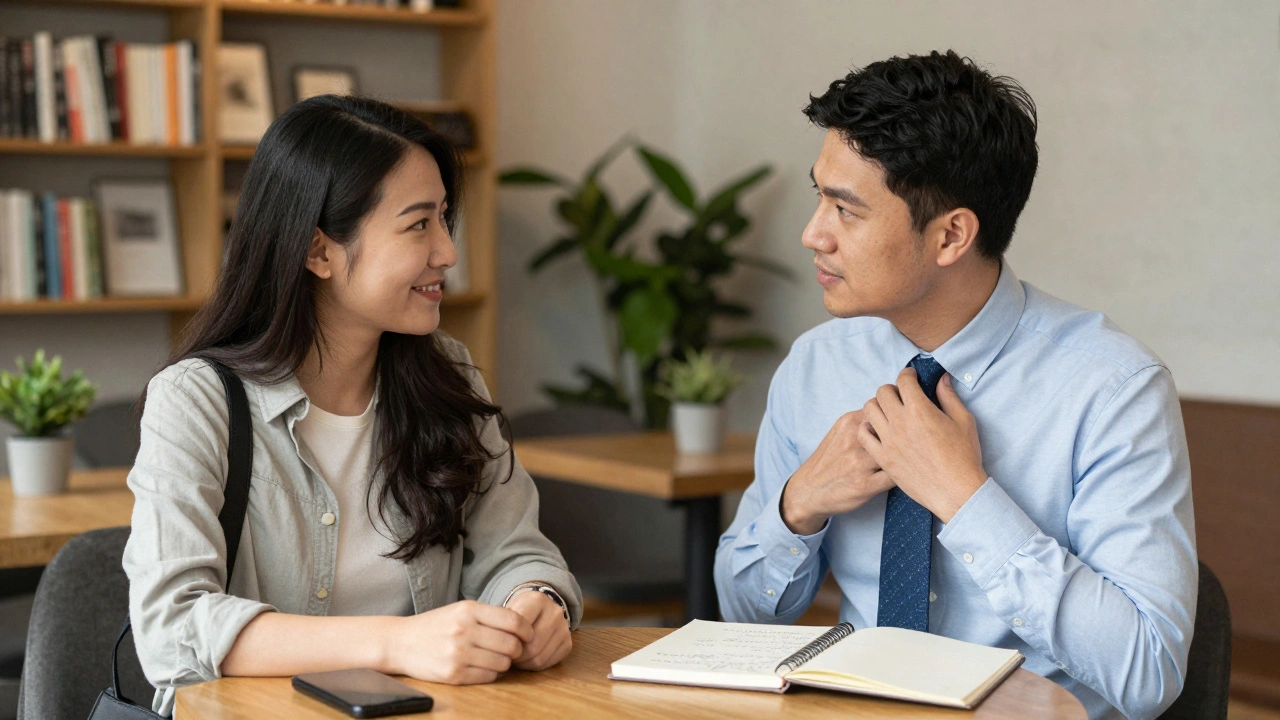 A genuine first meeting between a client and escort over coffee in a cozy Notting Hill café.