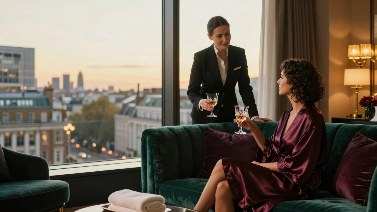 A luxury escort and client relaxing in an elegant Mayfair hotel suite with soft lighting and fine details.
