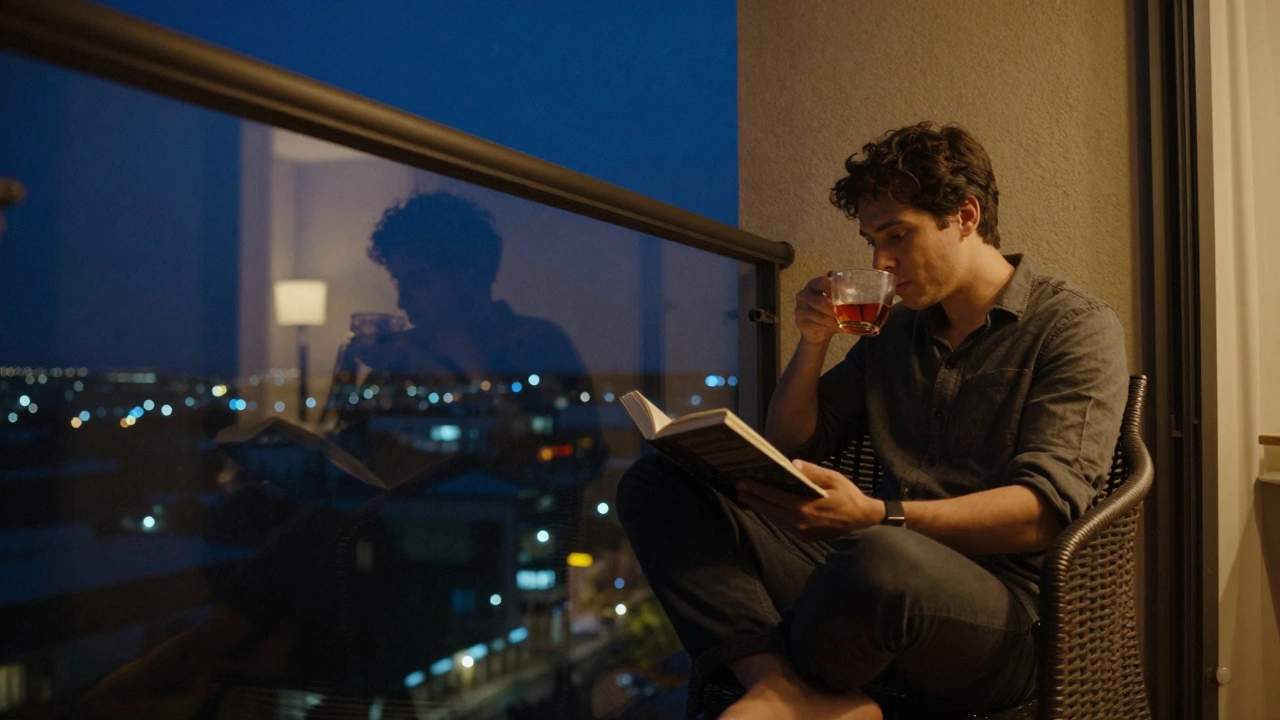 A man on a hotel balcony, his reflection showing a comforting presence beside him at night.