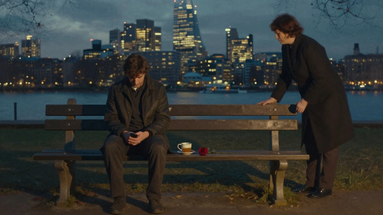 A man on a park bench at dusk, his shadow joined by another, symbolizing emotional connection and quiet acceptance after a meaningful visit.