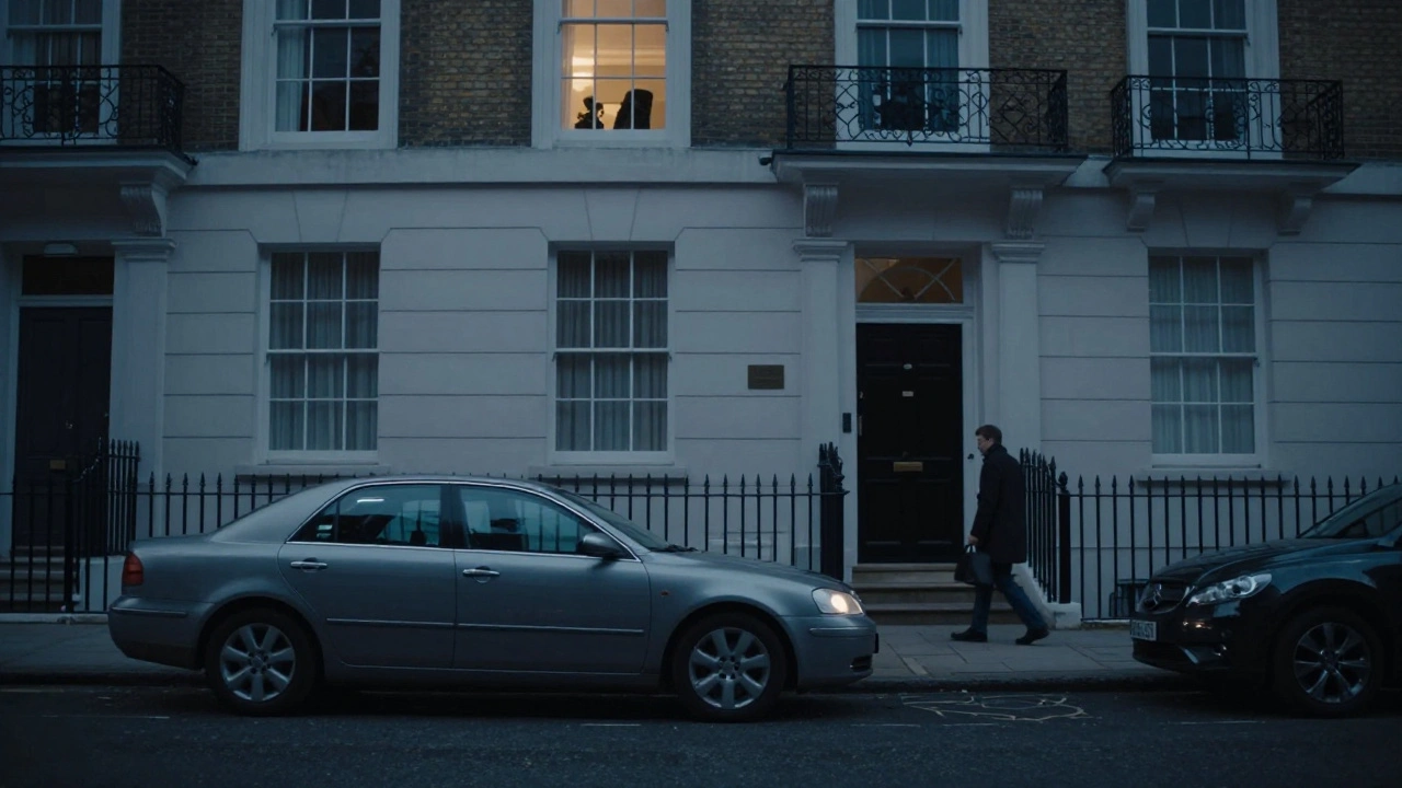 A modest car parked outside a quiet townhouse in Highgate at dusk, suggesting a private, discreet meeting.
