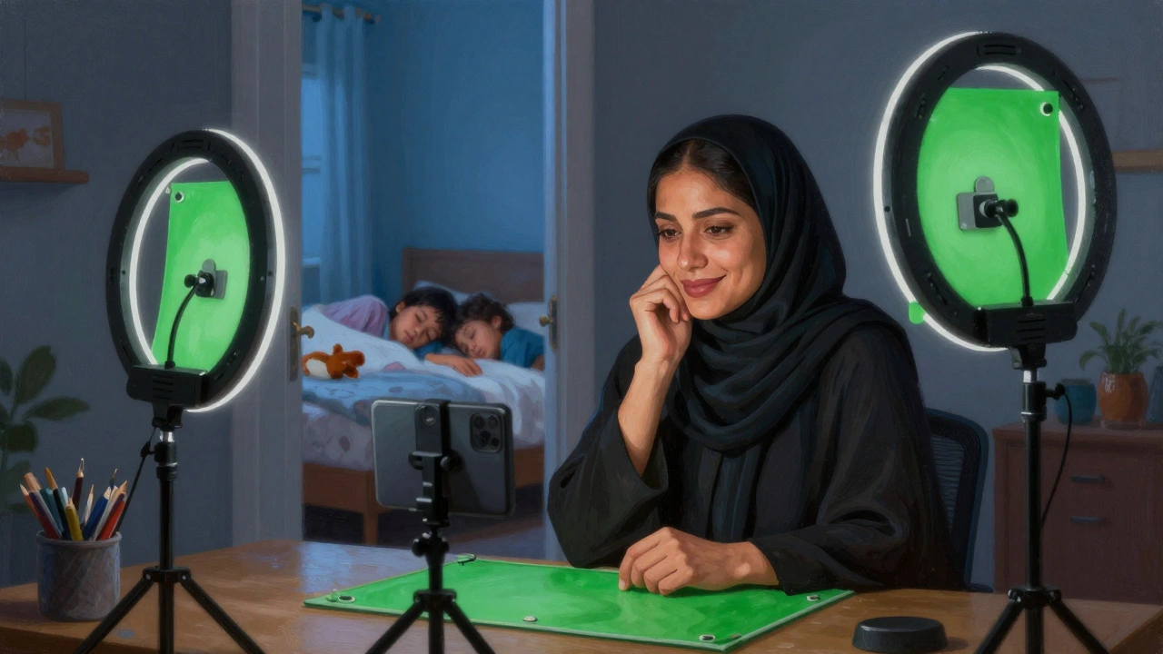 A mother works on a live stream at night, her children sleeping peacefully in the next room.