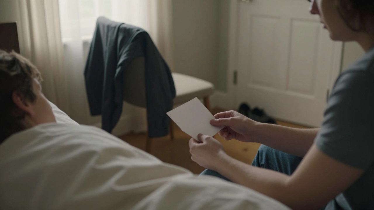 A person handing a note to their partner in a sunlit bedroom, morning light softly illuminating the scene.