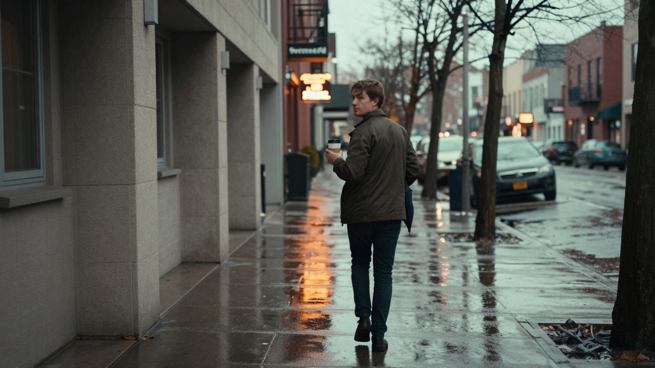 A person walking away from an apartment at dawn, rain-slicked street reflecting city lights.