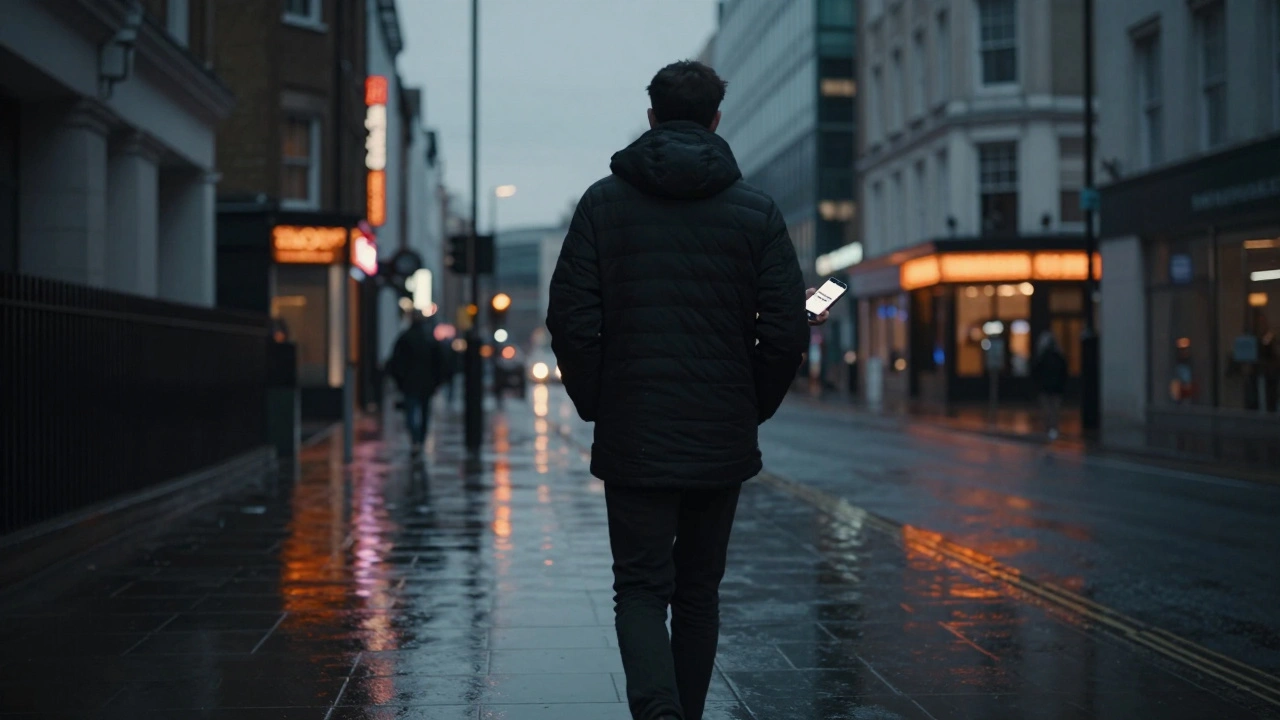 A person walks alone at twilight in London, smartphone glowing with a casual sex text message.