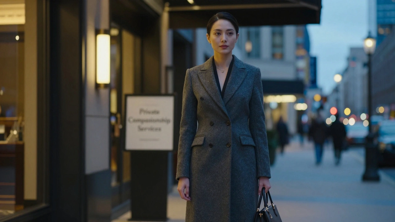 A professional woman standing confidently outside a luxury hotel at dusk, embodying discreet companionship.
