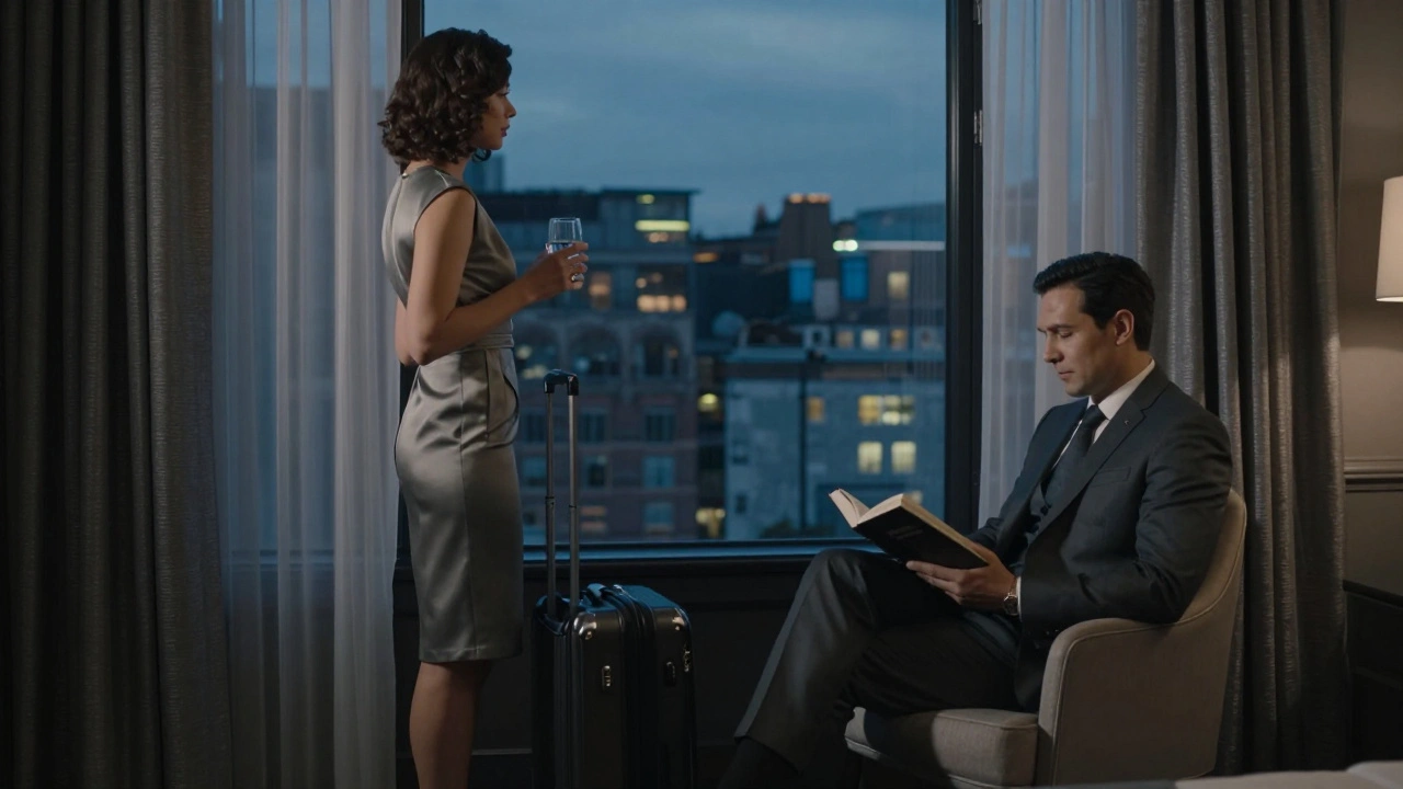 A refined couple in a Mayfair hotel suite, sharing peaceful companionship without physical contact.