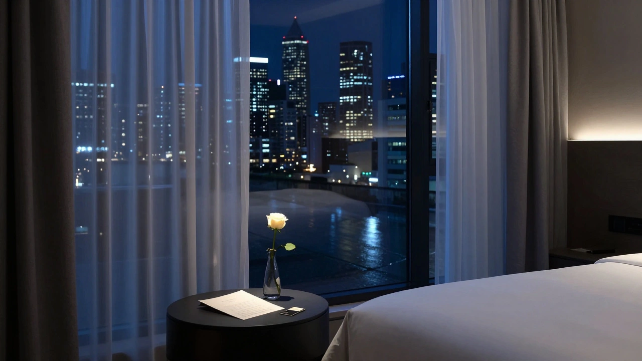 A serene hotel room in Canary Wharf at night, with city lights and a single rose.
