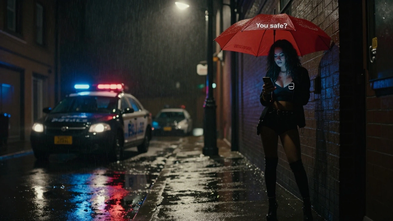 A sex worker stands under a rainy streetlamp at night, checking her phone for safety updates, police car reflected nearby.