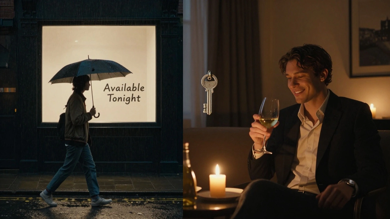 A split scene showing an affordable and luxury escort experience, connected by a key, symbolizing personal choice.