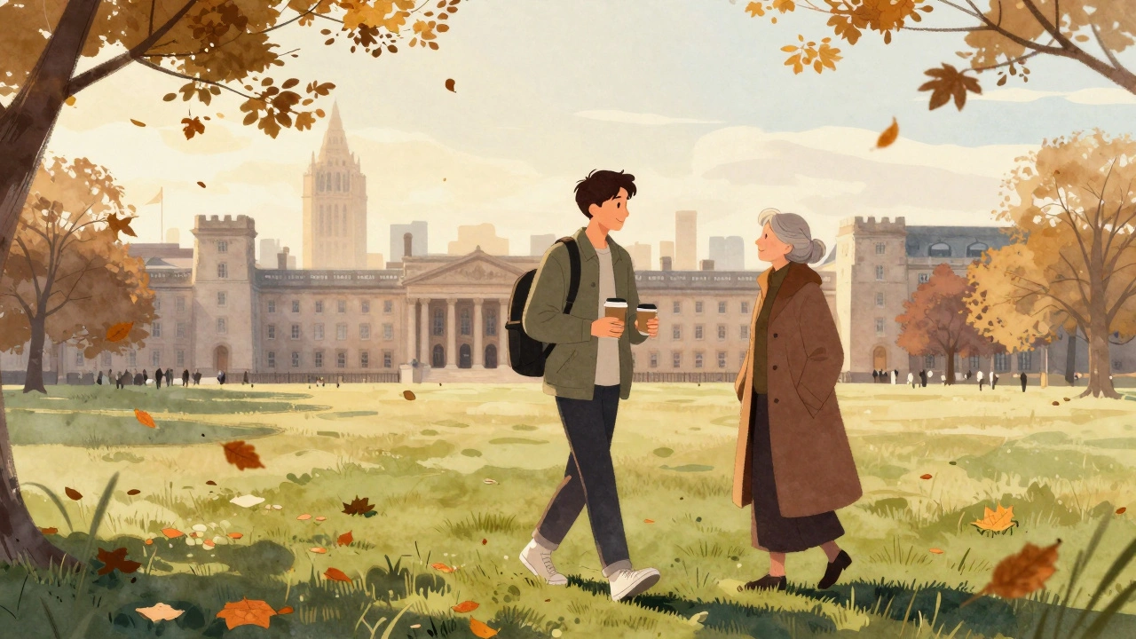 A student and an older companion walk together through Parliament Hill Fields at sunset.
