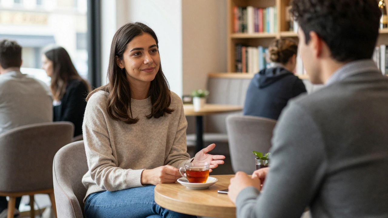 A woman and man having a quiet, respectful conversation in a Crouch End café during daylight.