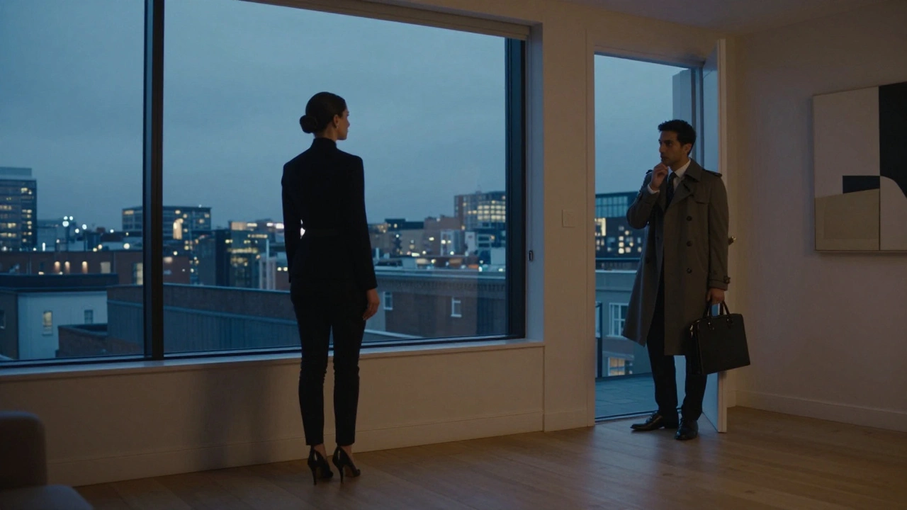 A woman gazing at city lights in a minimalist flat, a man hesitating at the doorway, no faces shown.