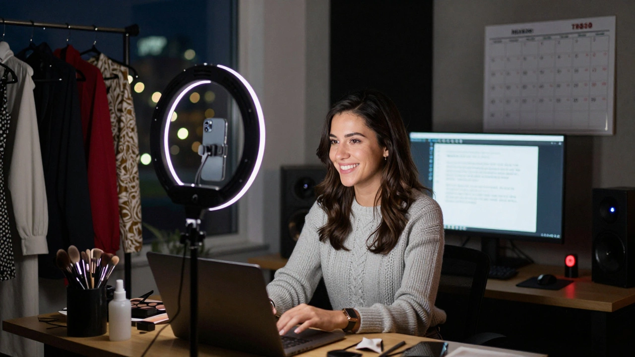 A woman livestreams from her home studio, surrounded by work supplies, balancing performance with safety tools.