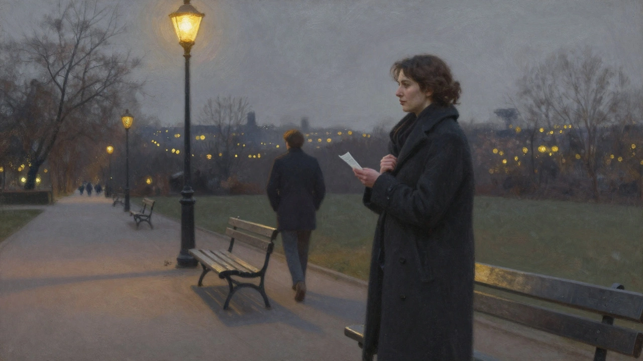 A woman standing alone on a park bench at twilight, watching someone walk away with a thoughtful expression.