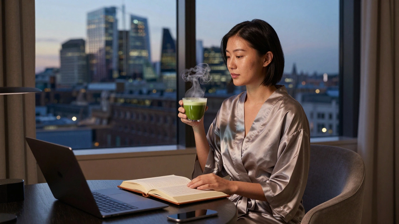 An elite Asian companion in a hotel suite, enjoying matcha with a view of London&#039;s skyline.