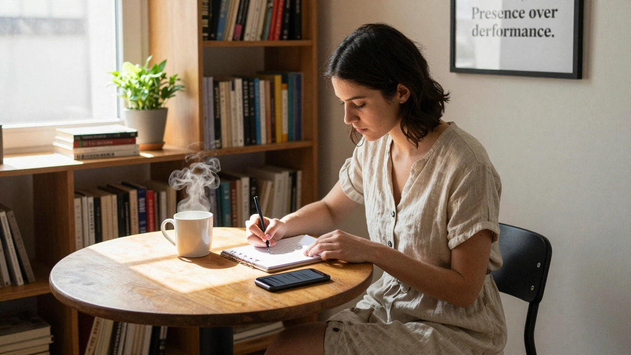 An independent escort reviewing her schedule in a peaceful apartment with natural light and personal touches.
