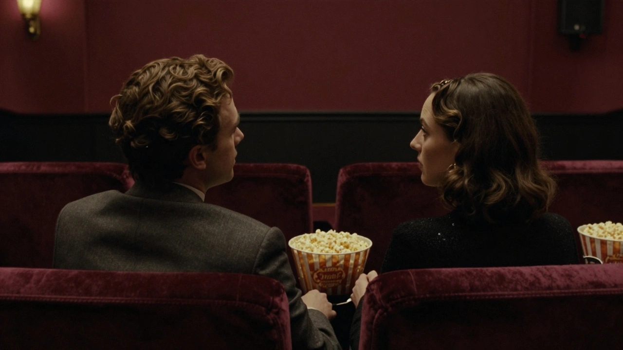 Client and escort watching a film together in a cozy London cinema, serene and respectful atmosphere.