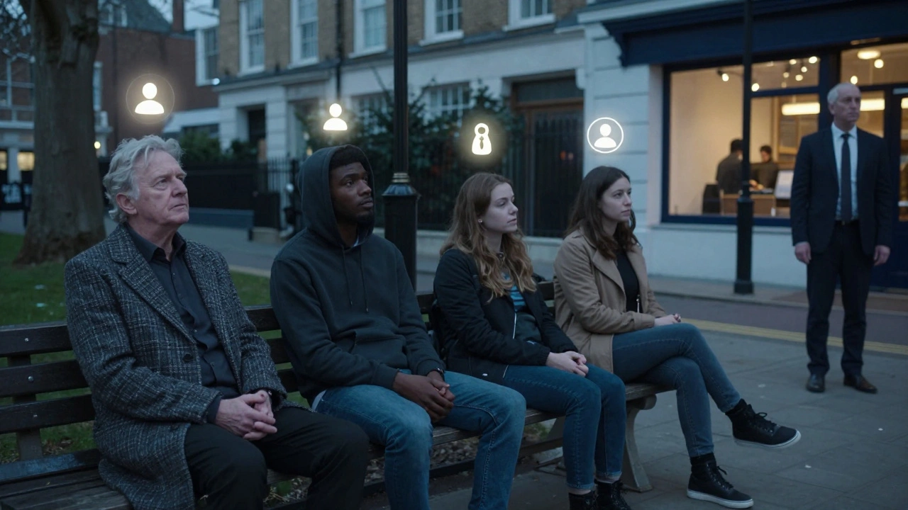 Diverse Londoners alone in urban spaces, each subtly connected to themes of loneliness and human connection.