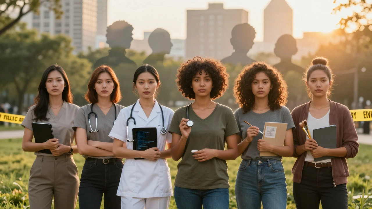 Diverse professionals stand together in a park, symbols of their jobs blending with fading oppression.