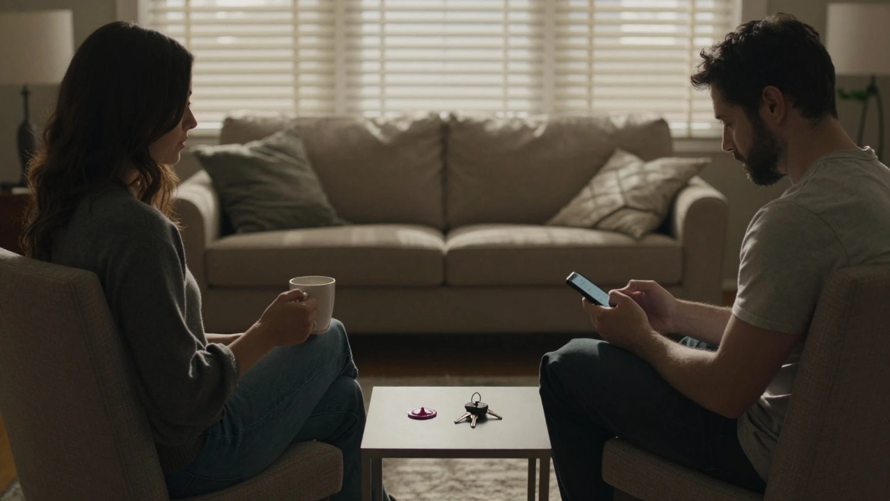 Empty living room with coffee cup, phone, condom wrapper, and keys on a table — unspoken boundaries.