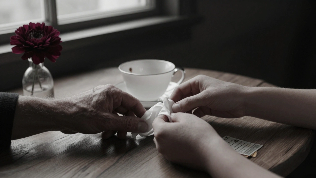 Gentle hands place a tissue beside a teacup, symbolizing quiet emotional support.