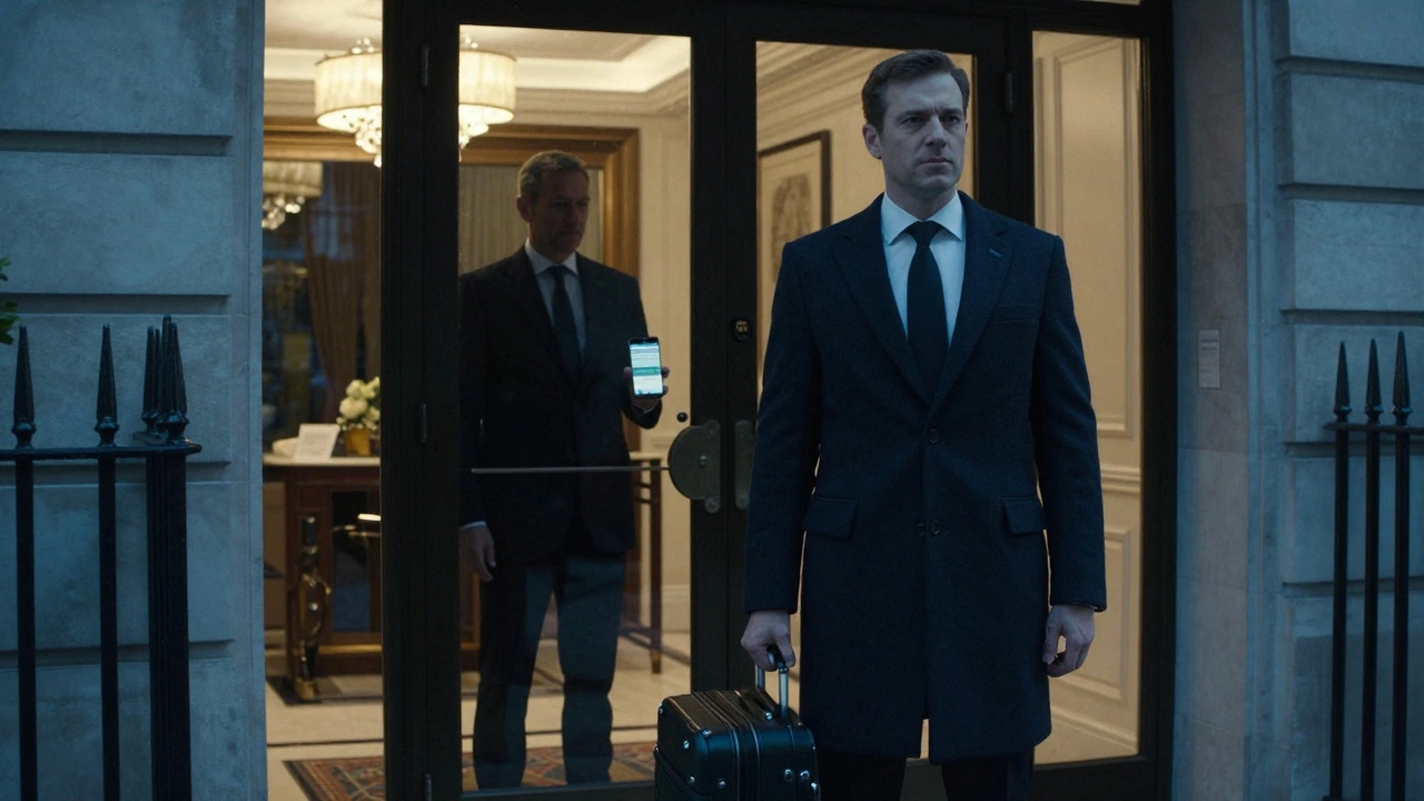 Independent escort confidently meeting a client outside a London hotel at dusk.