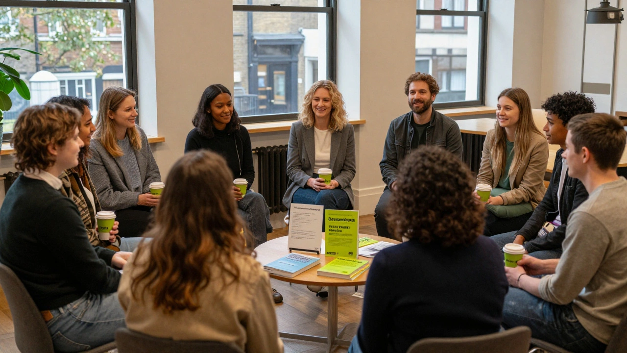 People gather warmly in a London community center, sharing conversation and coffee.